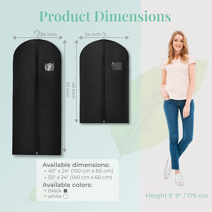 2-Pack Breathable Garment Bags for Hanging Clothes – Dust-Proof Suit & Dress Covers with Clear Window – Waterproof, Foldable Closet Storage Organizer for Coats, Gowns, and Jackets (Black, 40")