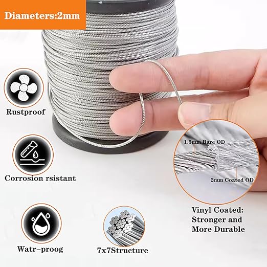 Wire Rope Kit, 1/16 inch Stainless Steel Cable, 165ft Vinyl Coated, M4 Turnbuckles, for Garden Trellis, String Lights, Curtains