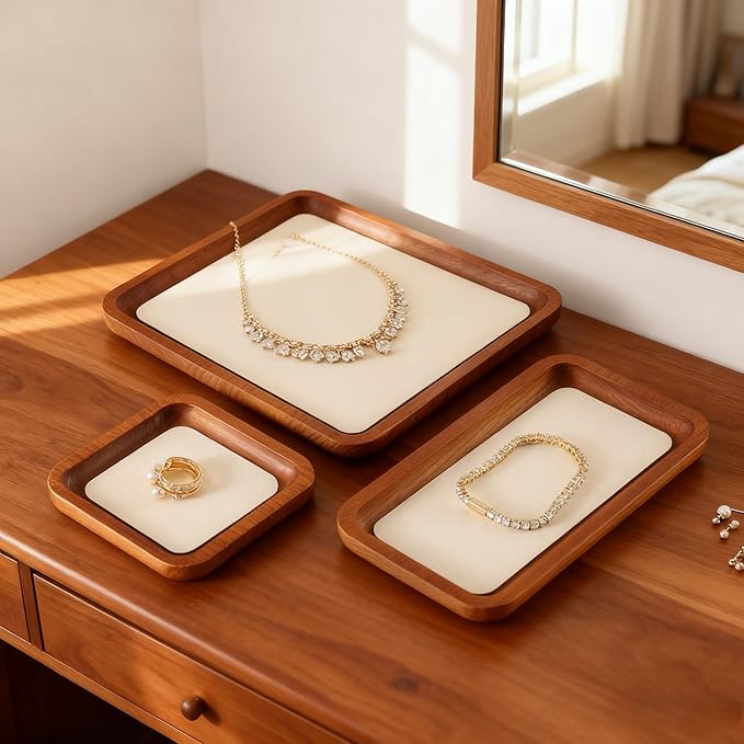 Wooden Jewelry Display Tray Rounded Rectangle Ring Showcase Stackable Elegant Bracelet Watch Jewelry Organizer for Personal Use and Commerce (Gray, Small-W 3.9'' x H 0.6'' x L 3.9'')