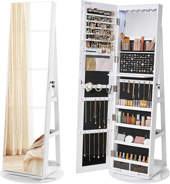 SONGMICS 6 LEDs Lockable Mirror Jewelry Cabinet, 360° Swivel Jewelry Organizer Armoire Standing, Frameless Full-Length Mirror, 3 Storage Shelves, White Surface, Black Lining UJJC007W01
