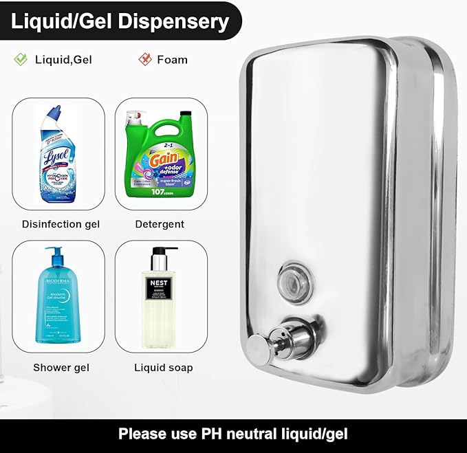 Heavy Duty Soap Dispenser Wall Mount Stainless Steel Soap Dispenser Manual Liquid Pump Rust-Proof Leak Free Pump for Commercial & Home Kitchen Bathroom (34 fl.oz./1000ml)