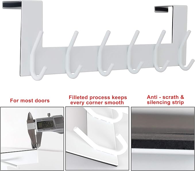 SKOLOO Over The Door Hook - 6 Hooks, No Assembly Required, Stainless Steel Door Hooks, Over Door Coat Rack for Hanging Coats Clothes Hats Robes, White, Pack of 2