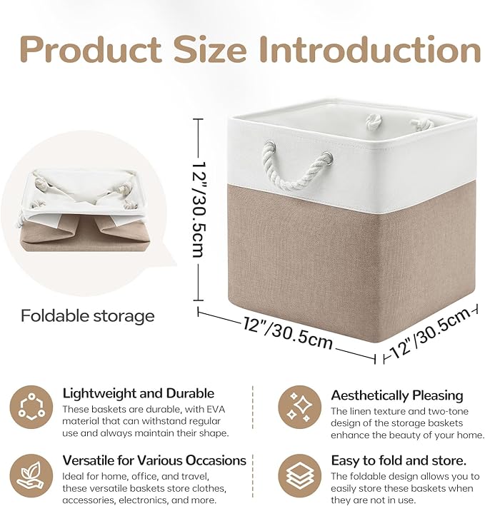 12 x 12 Inch Cube Storage Bins, 4 Pack Fabric Storage Basket with Handles, Foldable Boxes Organizer for Shelf Baskets for Home, Clothes (White/Khaki)