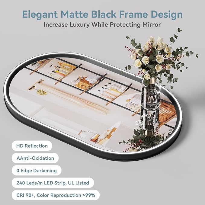 Led Bathroom Mirror with Lights, 24'' x 36'' Oval Heavy Duty Aluminum Frame Bathroom Vanity Mirror with Lights, 3 Colors, Brightness Stepless Dimmable, Anti-Fog, Memory Function, Single LED Black