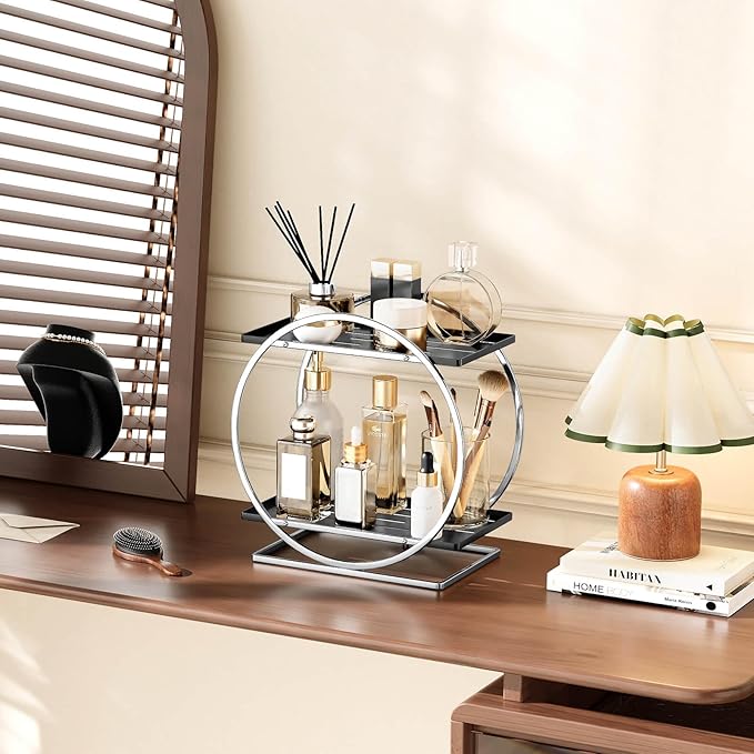 2-Tier Bathroom Organizer Countertop, Silver Black Perfume Organizer for Dresser, Multi-Purpose Makeup Organizer, Large Cosmetic Skincare Organizers, Exquisite Vanity Storage, Ideal for Gift