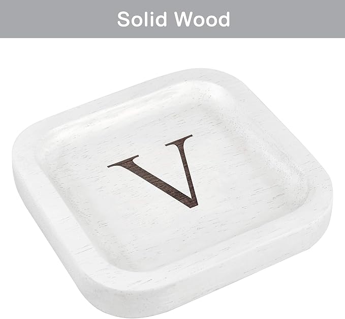 I'm Wooden Personalized Letter Catchall Valet Tray Trinket Dish Jewelry Tray Key Bowl Decorative Plate Organizing Ring Earrings Necklaces Bracelet Watch Coins Wallet Holder (6"x6" Sq White V)