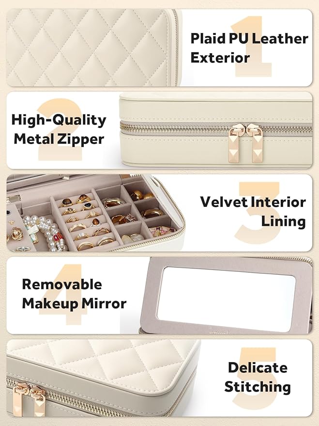 Travel Jewelry Case with Mirror, Quilted Small Jewelry Box Organizer for Women Girls, Portable Earring Necklace Bracelet Ring Holder Storage for Travel, Gifts for Her (Beige)