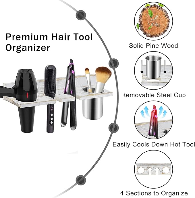 Hair Tool Organizer Wall Mounted, Sturdy Pine Wood Construction, Removable Stainless Steel Cup, Holds Hair Dryers, Straighteners, Curling Irons, Brushes, and More, White