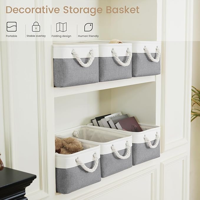 Storage Baskets for Shelves 13.8x9.8x6.7 Inch, Foldable Fabric Storage Bins with Handles, Small Storage Baskets for Organizing Closet, Office, Home Organization (6-Pack, White&Gray)