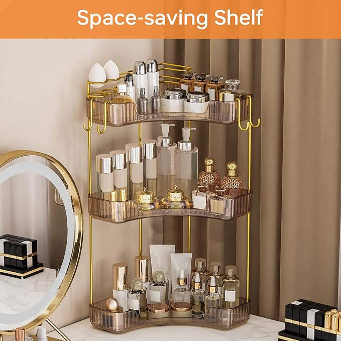 3-Tier Corner Bathroom Counter Organizer，Makeup & Skincare Shelf with Built-in Brush Holder，Space-Saving Bathroom Countertop Organizer for Skincare, Perfume, Cosmetics(Green)