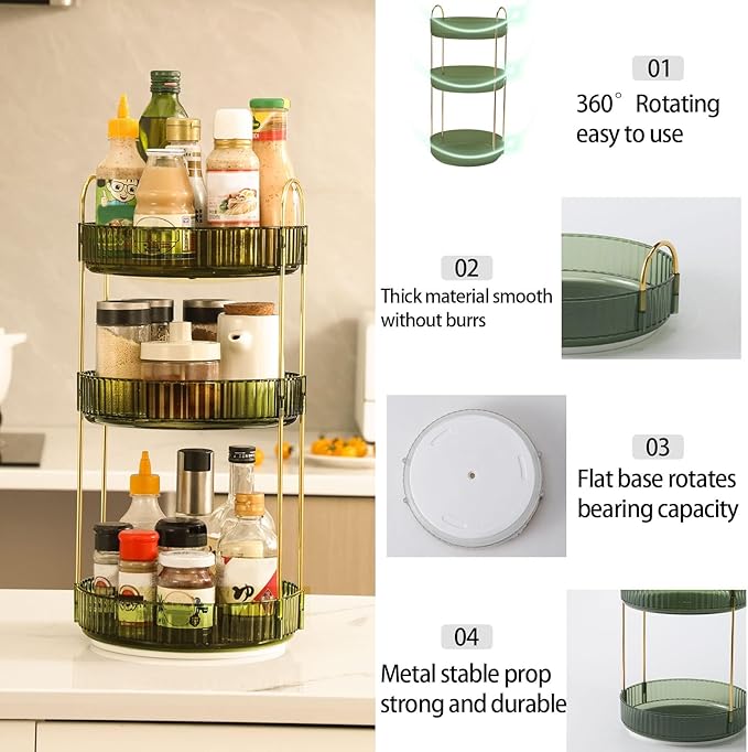360 Rotating Makeup Organizer for Vanity, Bathroom Countertop Spinning Perfume Organizer, High-Capacity Cosmetic and Skincare Dresser Make Up Holder Rack (3 Tiers, Green)