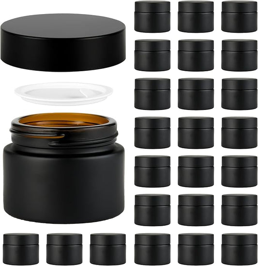 1 oz Reusable Black Glass Container Jars 24 Pack with Wide-mouth Leak Proof Cap and Inner Pull-On Lid for Travel Storage Makeup, Face Creams, Body Lotions, DIY Crafts or Others