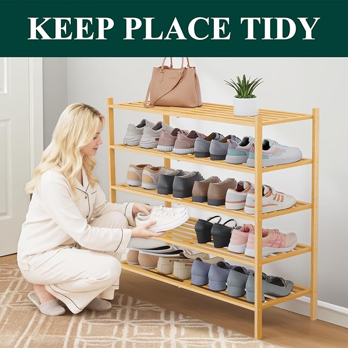 Smiry Long Bamboo Shoe Rack 5-Tier, Stackable Wooden Shoe Organizer for Entryway & Closet, Free Standing Wood Shoe Storage Shelf for Front Door & Small Spaces, Natural