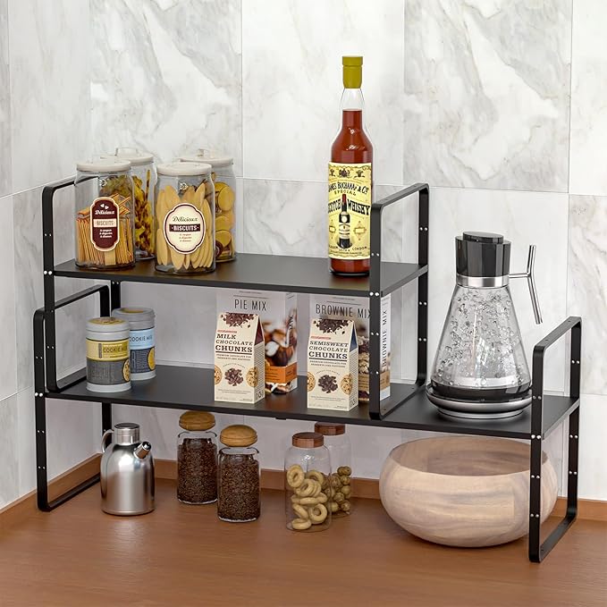 Expandable Kitchen Cabinet Shelf Organizers, Stackable Metal Pantry Storage Shelves Rack, Adjustable Counter Spice Shelf for Cabinets, Countertop, Cupboard Organizers and Storage, Black