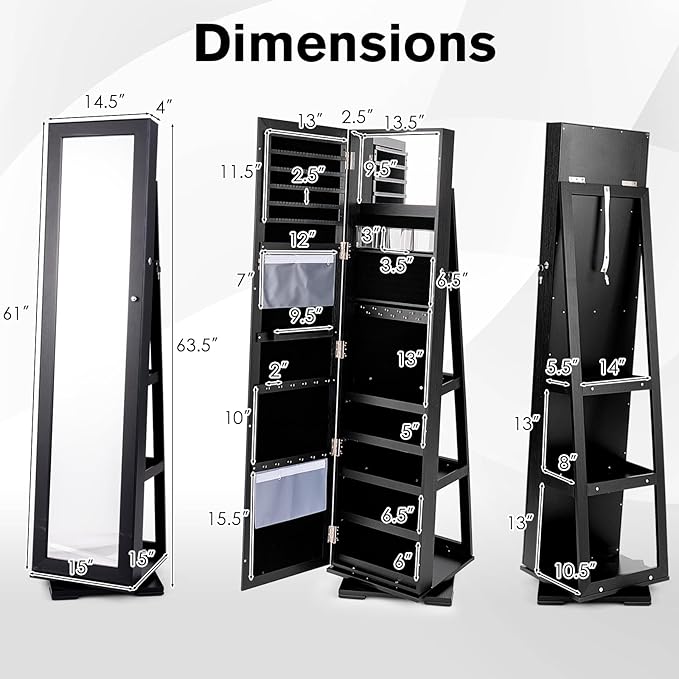 360° Swivel LED Mirror Jewelry Cabinet with Full Length Mirror, Lockable Floor Standing Mirrored Jewelry Armoire Organizer w/Inside Makeup Mirror & Back Storage Shelves, Space-Saving (Black)