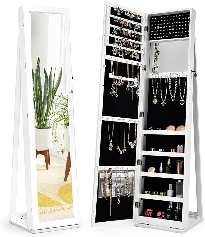 GOFLAME Jewelry Cabinet with Full-length Mirror, Jewelry Storage Organizer with Makeup Mirror, Back Storage Shelf, Lockable Jewelry Cabinet Armoire for Bedroom, Living Room (White)