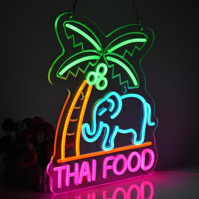 Thai Food Neon Sign for Wall Decor LED Light up Sign Home Kitchen Thailand Restaurant Business Signage Southeast Asian Food Shop 16.1" x 12.6" Led Art Hanging Decorative Gifts