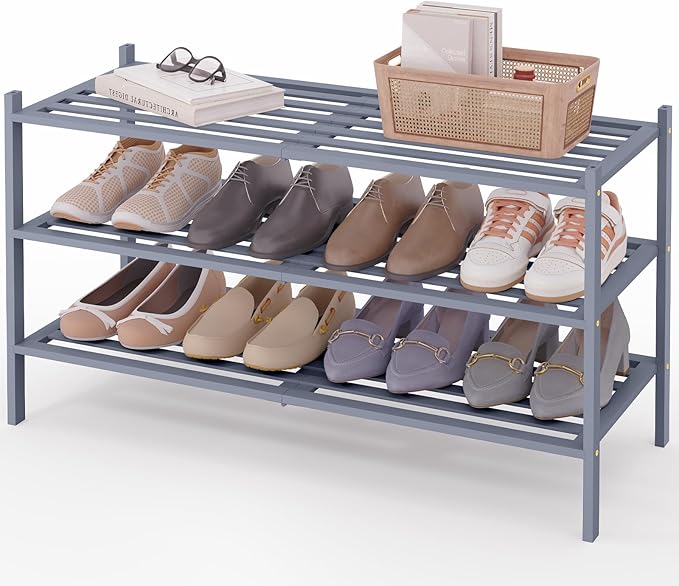 Smiry Long Bamboo Shoe Rack 3-Tier, Stackable Wooden Shoe Organizer for Entryway & Closet, Free Standing Wood Shoe Storage Shelf for Front Door & Small Spaces, Grey