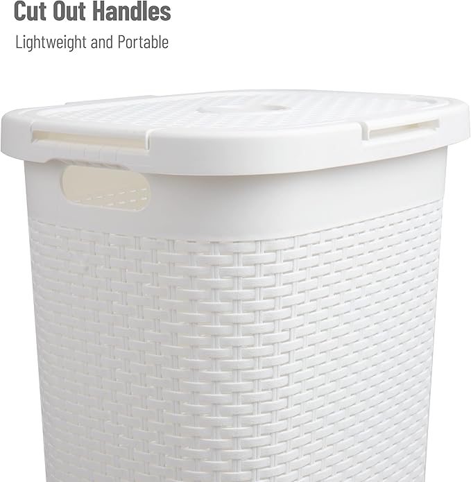 Mind Reader Slim Laundry Hamper with Lid, 60L Clothes Basket, Premium Wicker Design, Plastic, White