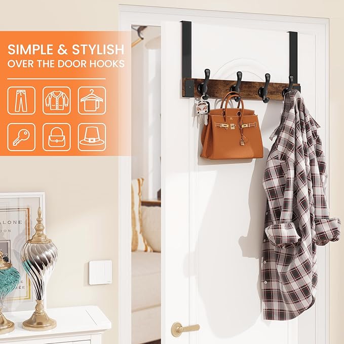 Homode Over The Door Hooks Heavy Duty, Wood Over Door Hanger Hook with Coat Hooks for Hanging Towels, Clothes, Hats, Bags - Rustic Brown Black