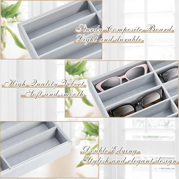 Amylove 2 Pcs Sunglass Organizer Trays Glasses Stackable Jewelry Trays Sunglass Organizer Display Box(18 Grids,Gray)