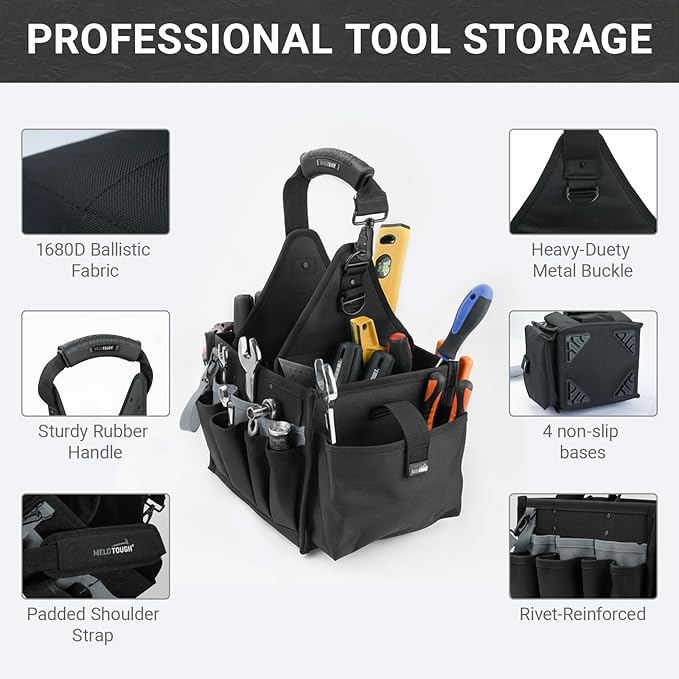 MELOTOUGH Electrical and Maintenance Tool Carrier 24-Pocket Large Electrician Tool Pouch Bag Open Top Tools Tote Bag with ‌Waterproof Base & Dual Carry Handle‌ for Gardeners/Technician