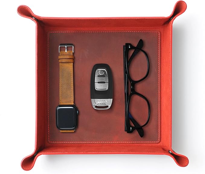Handmade Leather Catch All Tray, Customizable Handcrafted Genuine Leather Valet Tray and Organizer for Keys, Phones, Jewels, Coins, Square - Medium, Red