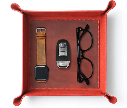 Handmade Leather Catch All Tray, Customizable Handcrafted Genuine Leather Valet Tray and Organizer for Keys, Phones, Jewels, Coins, Square - Medium, Red