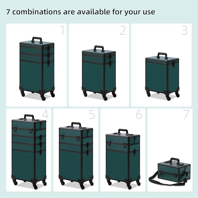 Makeup Train Case, Rolling Makeup Case with Lid, 5 in 1 Cosmetology Case on Wheels, Christmas Gift, Large Makeup Case Organizers, Profesional Cosmetic Case for Salon Barber, Black Green