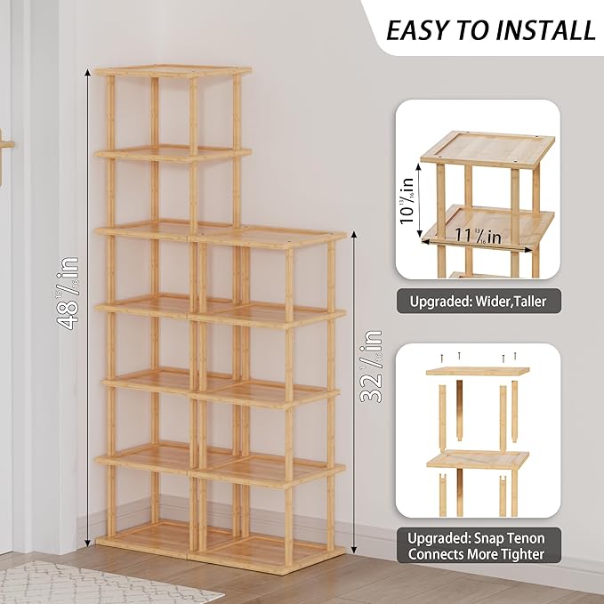 Vertical Tall Shoe Rack Organizer for Entryway -12 Tier Free Standing Slim Narrow Bamboo Wood Corner Stackable Shoe Boots Storage Stand Small Spaces for Closet Garage Cloakroom Living Room (Nature)