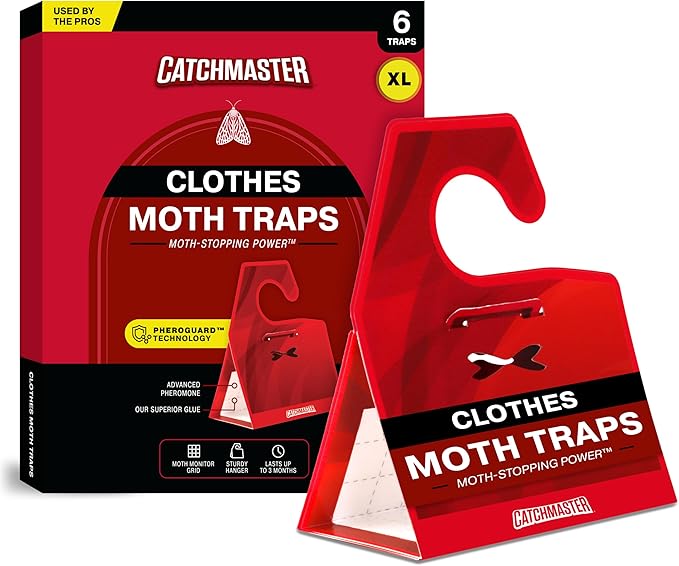 Catchmaster Clothing Moth Traps with Premium Extra Strength Odorless Pheromone Technology – Red, XL, Extra-Strength Glue – Traps & Targets Casemaking and Webbing Moths - 6-Pack