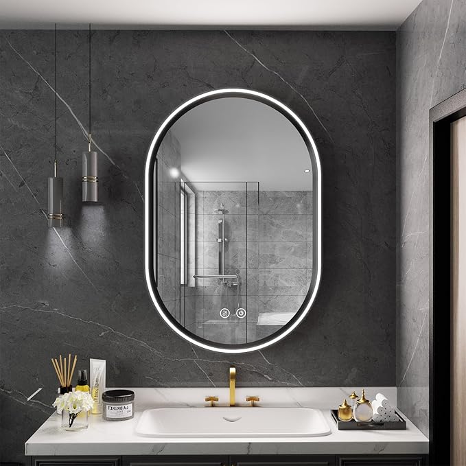 Led Bathroom Mirror with Lights, 24'' x 36'' Oval Heavy Duty Aluminum Frame Bathroom Vanity Mirror with Lights, 3 Colors, Brightness Stepless Dimmable, Anti-Fog, Memory Function, Single LED Black
