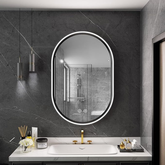 Led Bathroom Mirror with Lights, 24'' x 36'' Oval Heavy Duty Aluminum Frame Bathroom Vanity Mirror with Lights, 3 Colors, Brightness Stepless Dimmable, Anti-Fog, Memory Function, Single LED Black