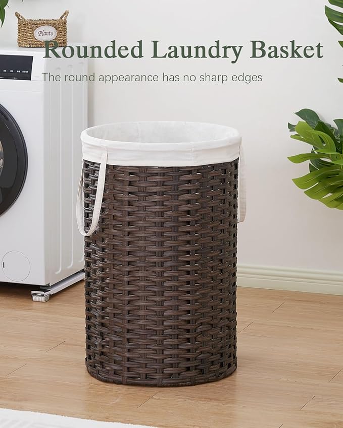 34.3 Gal (130 L) Large Laundry Hamper Laundry Basket Round Handwoven Wicker Laundry Baskets Rattan Laundry Basket with Removable Bag Handles 2 Mesh Bags for Living Room Bedroom Brown (No Lid)