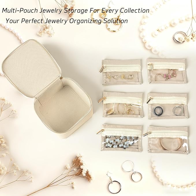 Small Travel Jewelry Box,Travel Jewelry Case with 6pcs Velvet Jewelry Pouches,Portable Jewelry Organizer Travel for Earring Bracelet Ring,Travel Jewelry Case Ideal for Travel & Home Organization