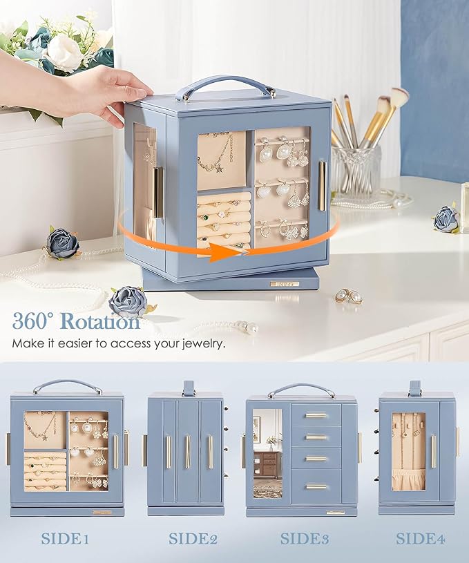 Homde Valentine's Day gifts Jewelry Box 360° Rotating, Necklace Earring Organizer with Transparent Window, Mirror, 7 Drawers, Large Ring Display Storage Case for Girls Women (Grey Blue)