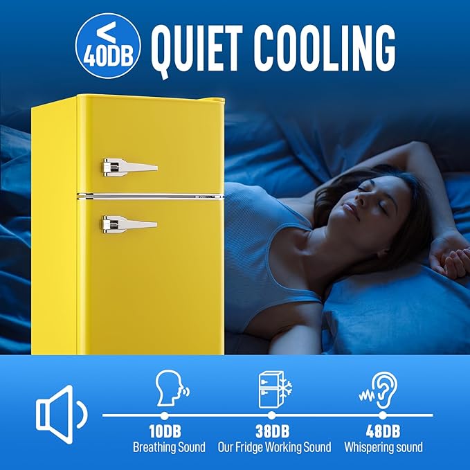 WANAI 2 Door 2 Handle Mini Refrigerator with Freezer-on-top, Spacious 3.5 Cubic Feet Capacity Small Fridge with 7-Level Adjustable Thermostat & 2 Removable Shelves Yellow