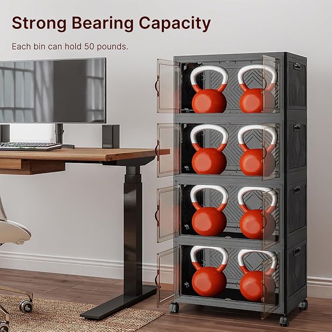 Extra Large Stackable Storage Bins with Lids & Wheels & Door, 416QT-52QT/13GAL*8Pack Foldable Collapsible Closet Organizers, Plastic containers drawers for bedroom Dorm