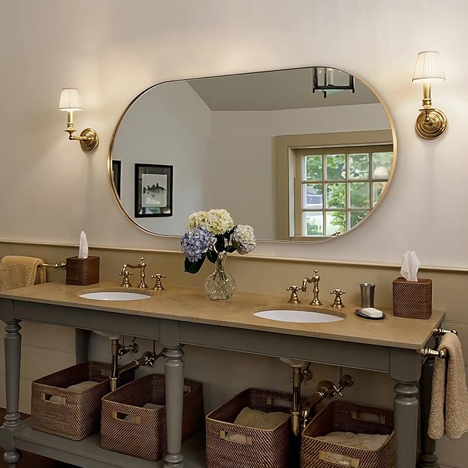 ANDY STAR Gold Bathroom Mirror 60 x 30 Inch, Full Length Mirror, Oval Vanity Mirror, Pill Shaped Mirror in Stainless Steel 1’’ Deep Wall Mounted Vertical/Horizontal