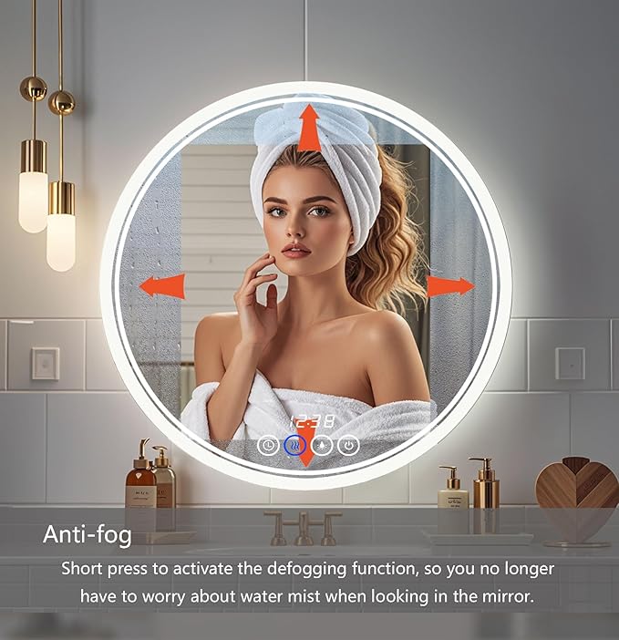 Wall-Mounted Round Bathroom Mirror with LED-Lights - 36 Inch Vanity Mirrors with Dimmable (36" x 36",Frameless)