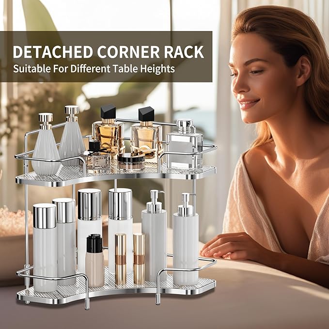 Seoneiro 2 Tier Corner Bathroom Counter Organizer, Cosmetic Skincare Organizer, Bathroom Countertop Perfume Tray Vanity Organizer, Kitchen Spice Corner Storage Shelf