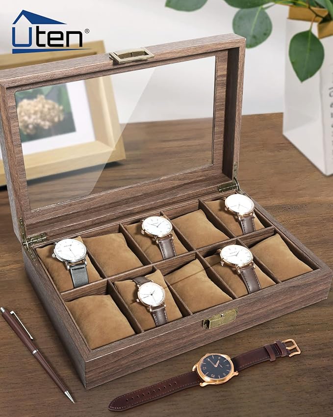 Uten Watch Box 10 Slots, Watch Case Organizer with Real Glass Lid, Wood Grain PU Leather Watch Display Storage Box with Removable Imitation Suede Watch Pillows, Metal Clasp