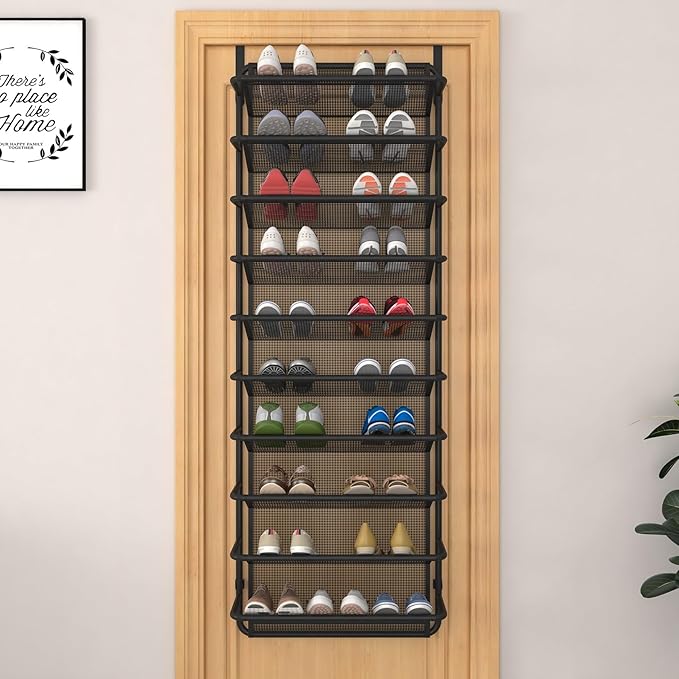 10 Tier Shoe Rack Over The Door Shoe Organizer Hanging Shoe Storage with Key Holder for Closet Pantry Wall Floating Shelves (10 Tier, Matte Black)