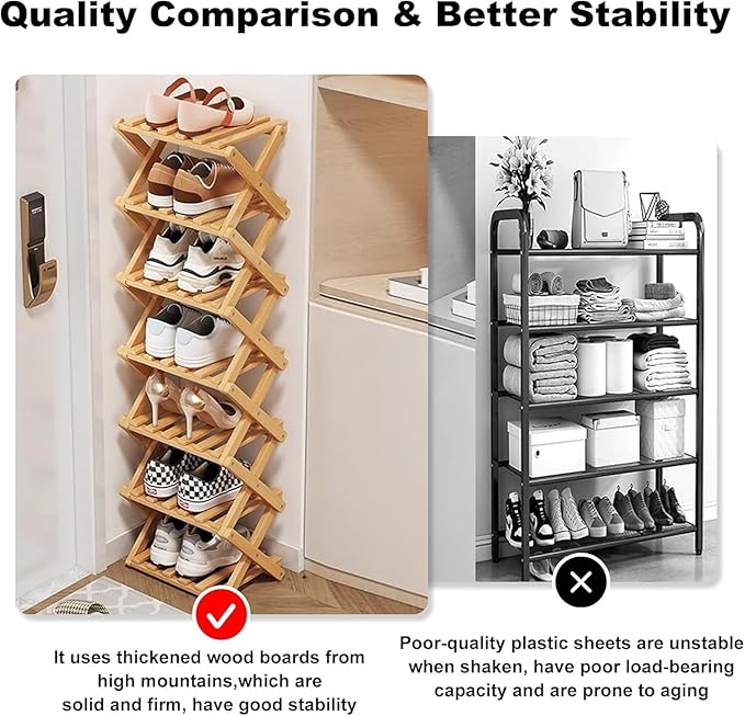 YYW Bamboo Shoe Rack for Entryway, Free Free Standing Shoe Racks Shelf Closet, Foldable Vertical Shoe Storage Organizer for Living Room