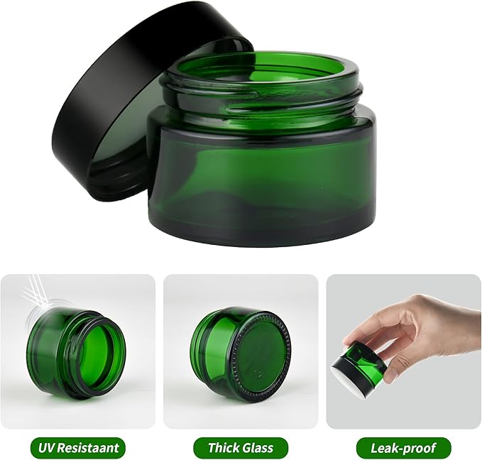 1 oz Reusable Green Glass Container Jars 24 Pack with Wide-mouth Leak Proof Cap and Inner Pull-On Lid for Travel Storage Makeup, Face Creams, Body Lotions, DIY Crafts or Others