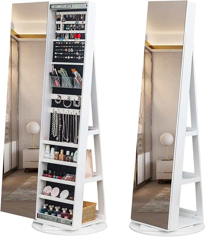 Bonnlo 360° Swivel Jewelry Cabinet with Sliding Door, Standing Jewelry Organizer Box with Full-Length Mirror, Jewelry Armoire with Large Storage Capacity