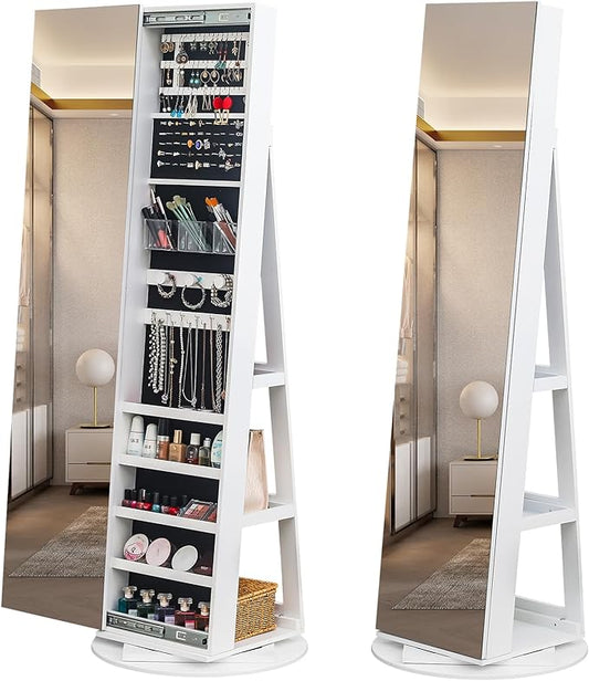 Bonnlo 360° Swivel Jewelry Cabinet with Sliding Door, Standing Jewelry Organizer Box with Full-Length Mirror, Jewelry Armoire with Large Storage Capacity