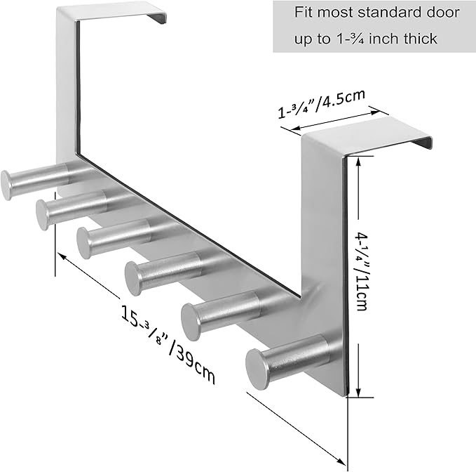 WEBI Over The Door Hook Door Hanger:Over The Door Towel Rack with 6 Peg Hooks for Hanging,Door Coat Hanger Towel Hanger Over Door Coat Rack for Clothes,Back of Bathroom,Silver,2 Packs
