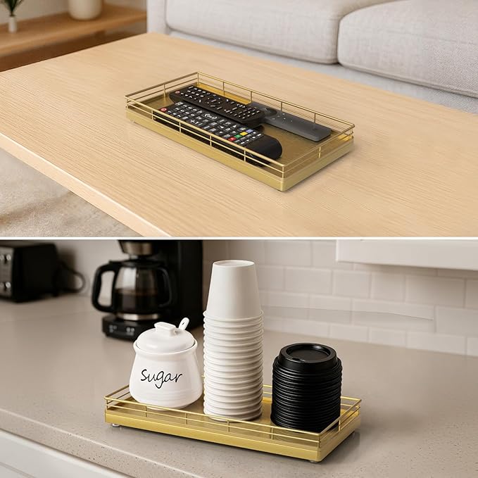 Bathroom Vanity Tray – 12" x 6" Oak Decorative Wooden Tray for Toilet Tank Organizer, Wood Tray for Bathroom Countertop, Soap, Perfume, Storage Vanity Dresser Decor for Bathroom Essentials Gold