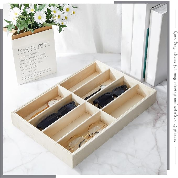Amylove 2 Pcs Sunglass Organizer Trays Glasses Stackable Jewelry Trays Sunglass Organizer Display Box(8 Grids,Beige)